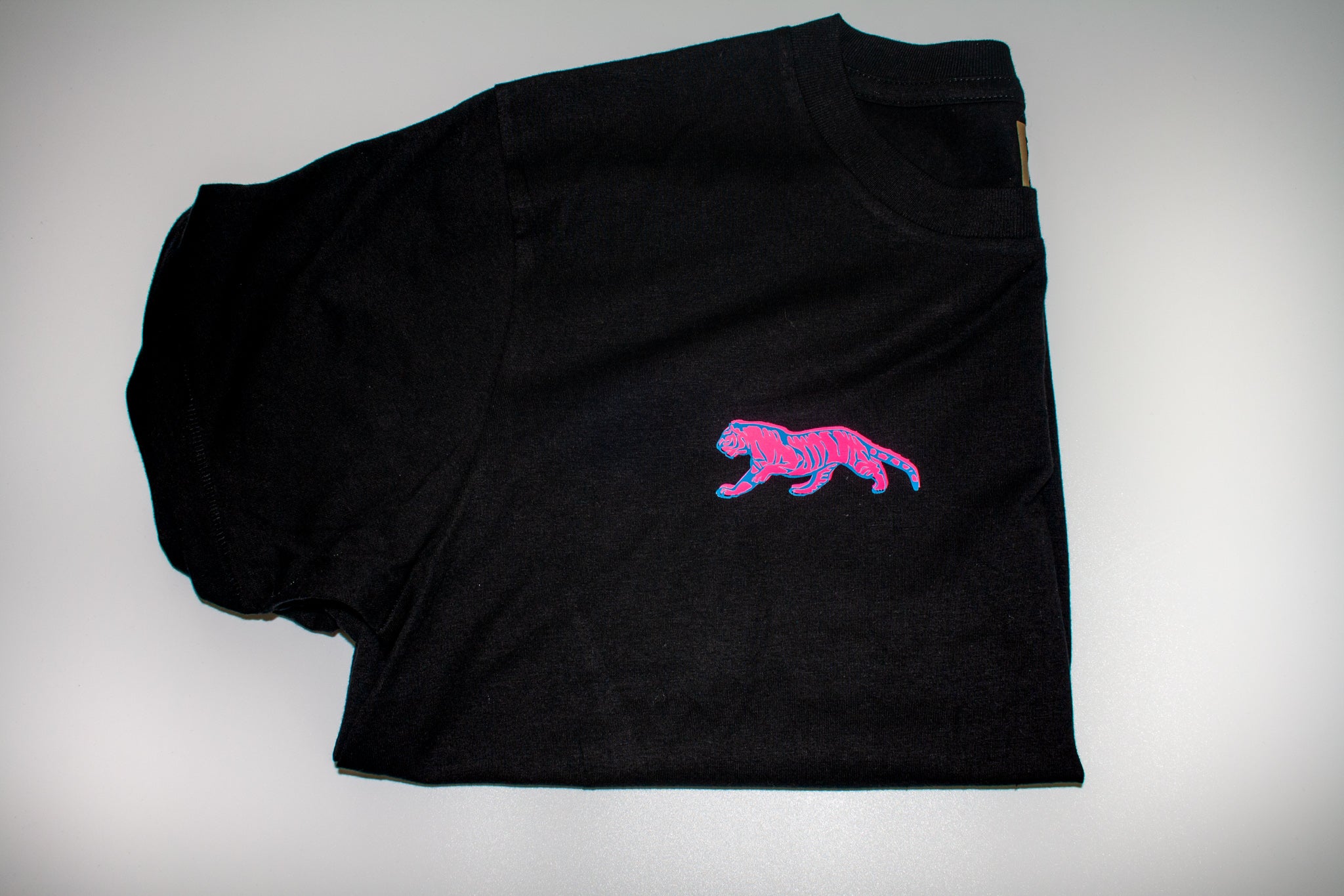 Black T-shirt with Pink and Blue Tiger Design