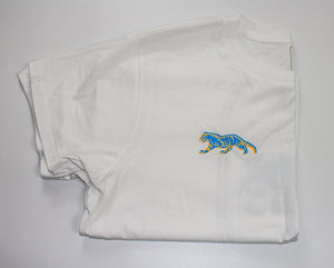 White Tiger T-shirt with Blue and Yellow Design