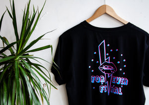 Black T-shirt with Pink and Blue Lightning Design