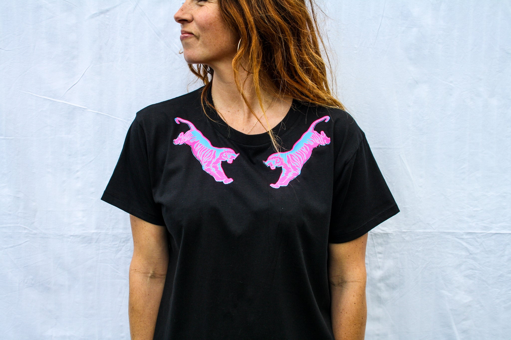 Black T-shirt with Pink and Blue flying tigers