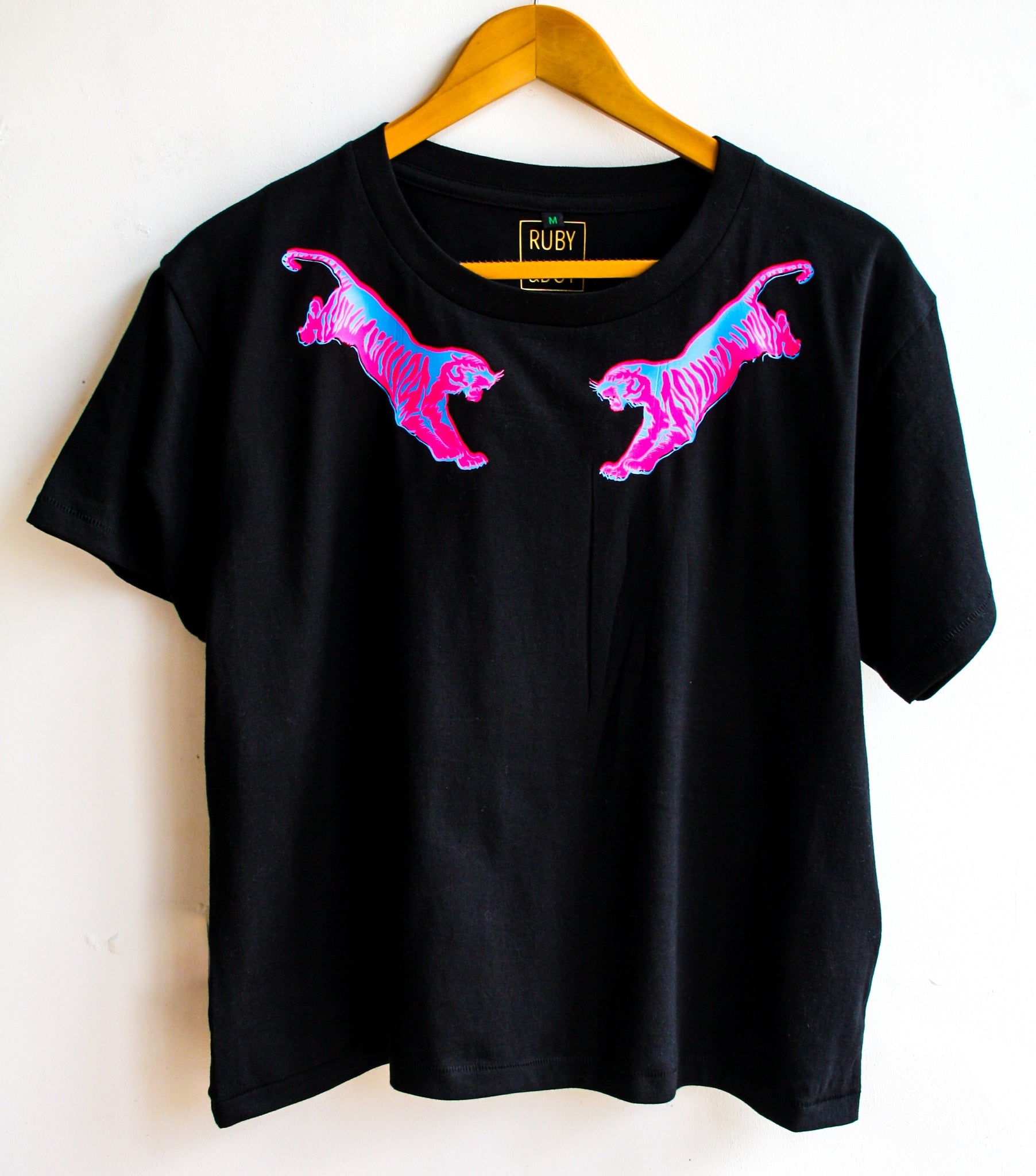 Black T-shirt with Pink and Blue flying tigers