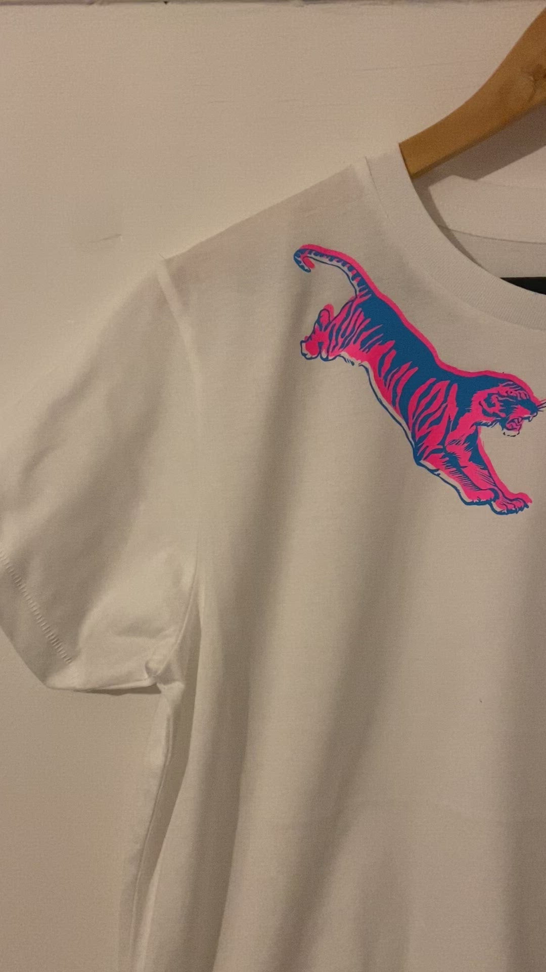 White T-shirt with Pink and Blue flying tigers
