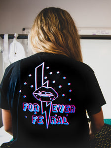 Black T-shirt with Pink and Blue Lightning Design
