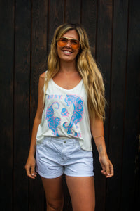White vest with pink and blue circling tigers