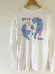 White long Sleeve top with back design of circling pink and blue tigers